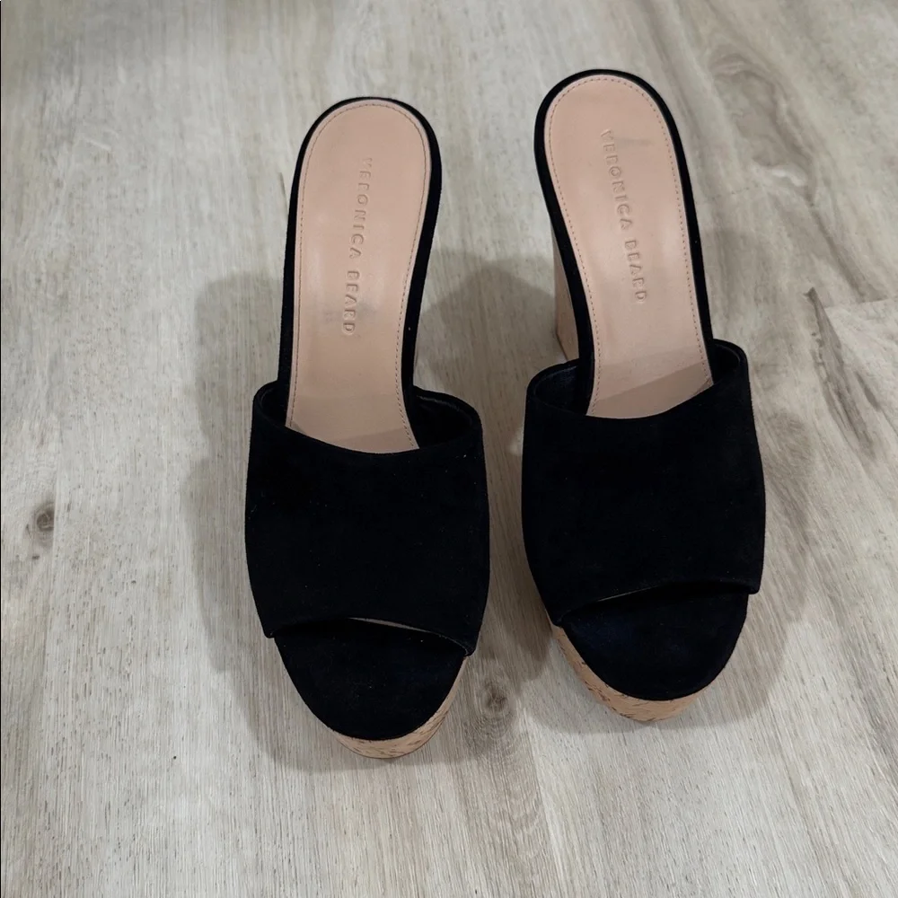 Veronica Beard Dali Slip on Platform black and cork wedge sandal